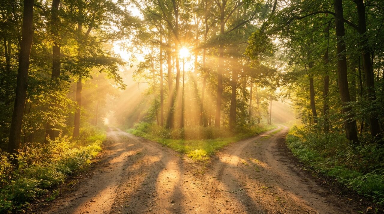 朝日に照らされた道の分岐点。新しい選択肢を象徴するビジュアル。