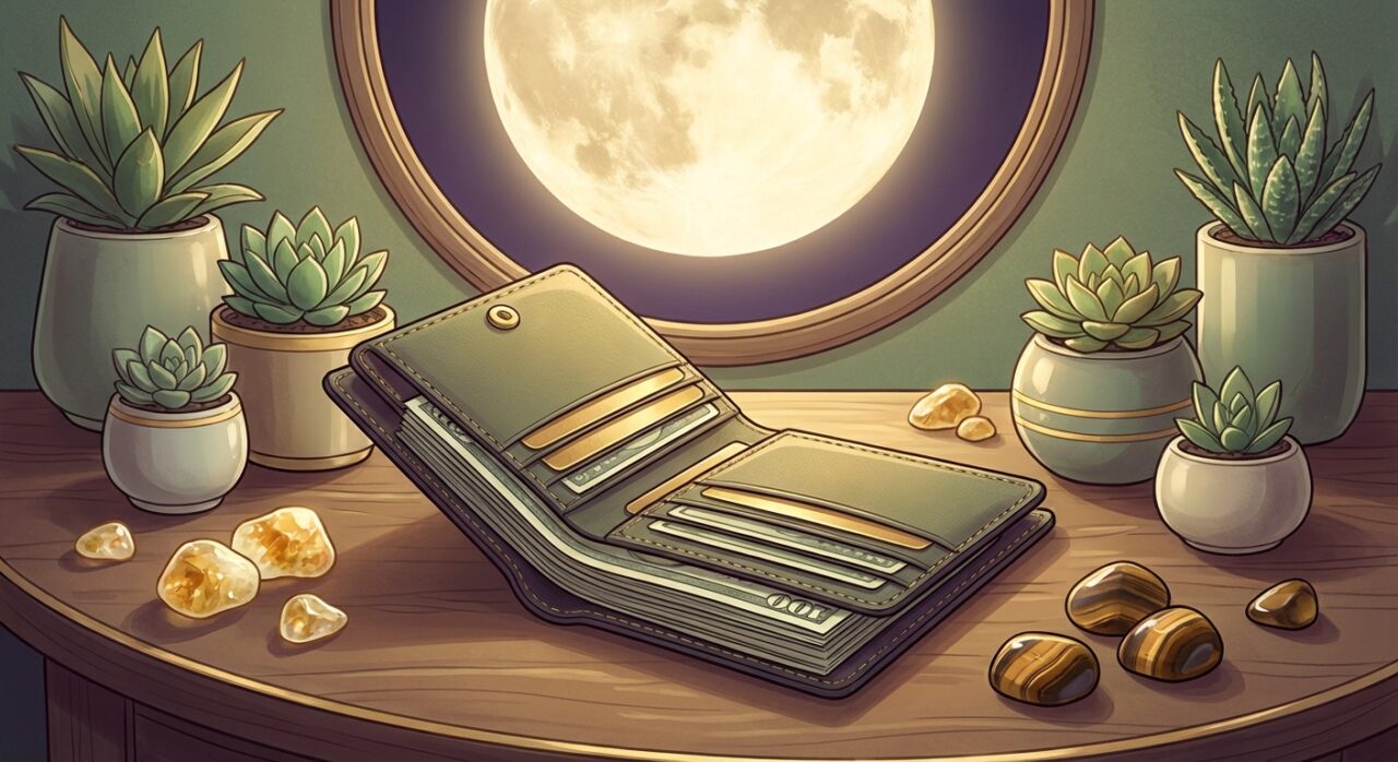 整理されたお財布とパワーストーン、金運アップのイメージ