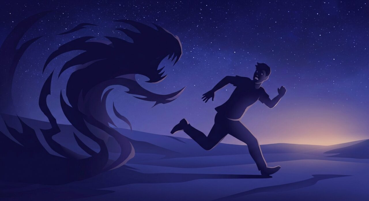 何かから必死に逃げている人物のシルエットイラスト