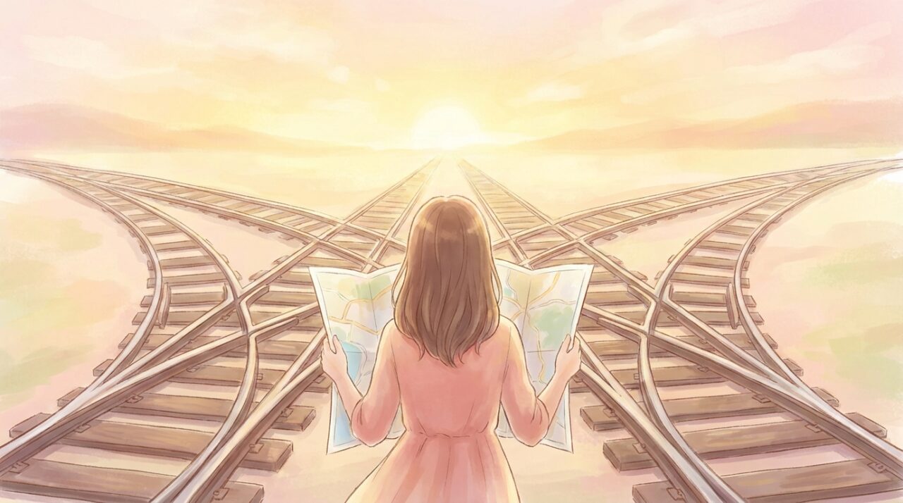 分岐点がたくさんある線路の前に立ち、どちらに進むか地図を見ながら考えている女性の後ろ姿。明るい未来への選択をイメージさせる雰囲気。