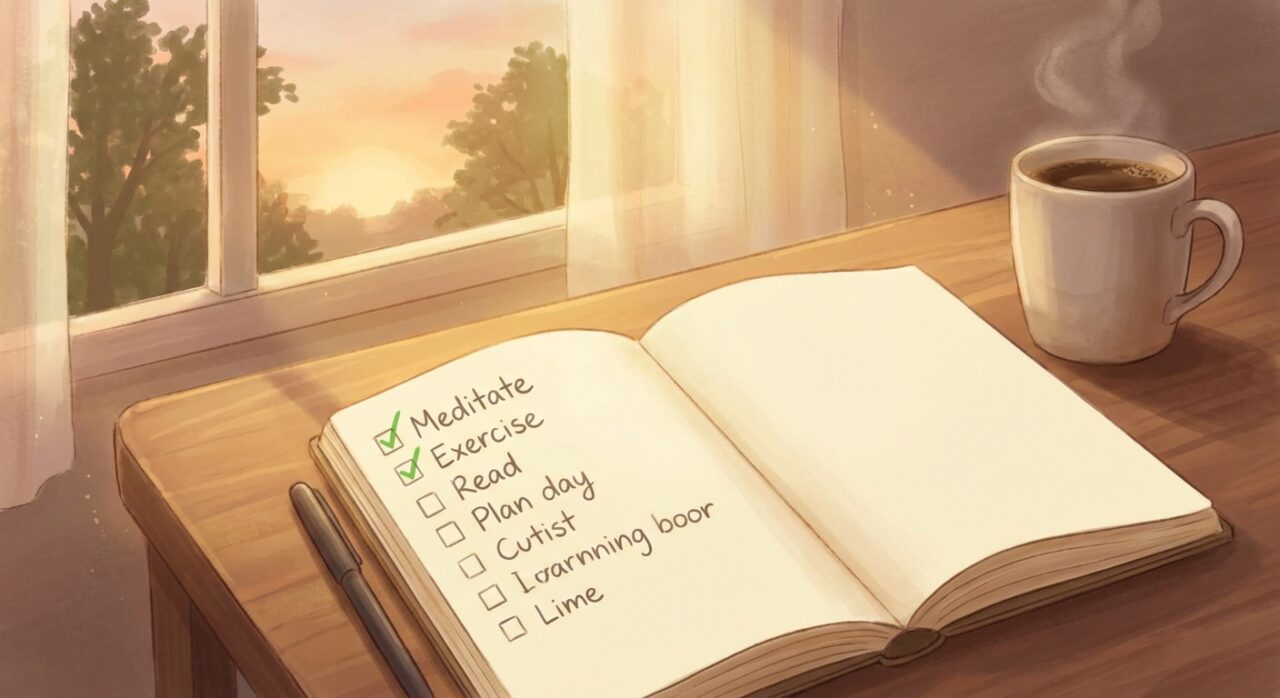 朝日の差す部屋でのチェックリストとコーヒー、行動を促すイメージ