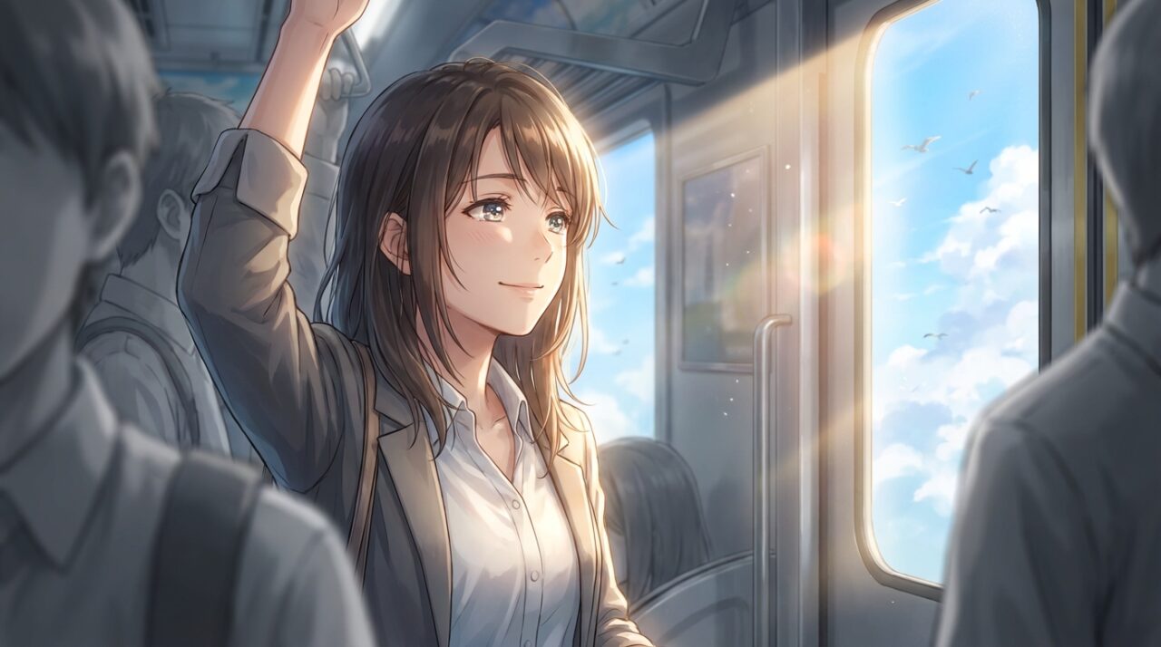 満員電車の中で窮屈そうにしているが、窓の外に見える青空や鳥に気づき、少し表情が和らいでいる女性のイラスト。