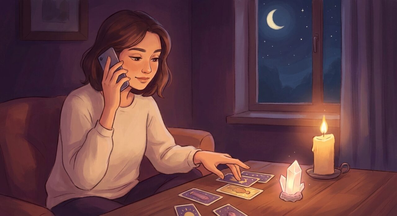 スマートフォンで電話占いを利用する女性のイラスト