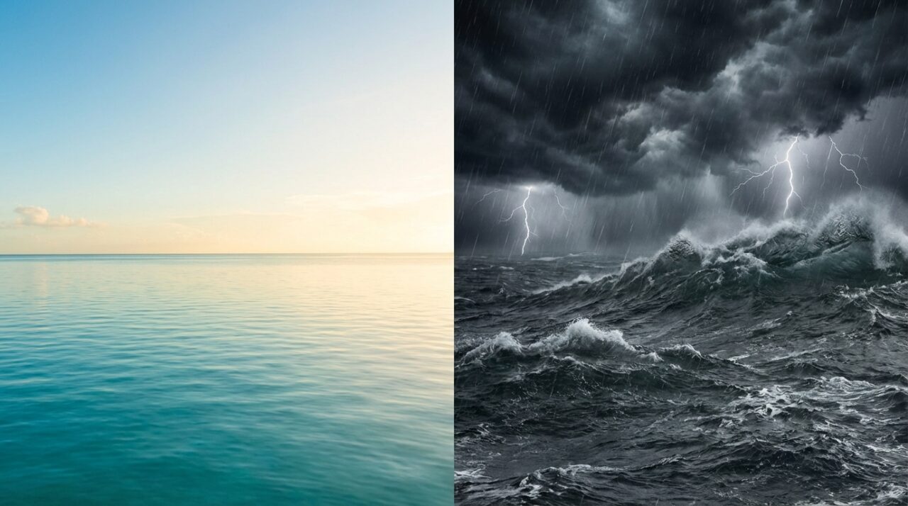 左側に穏やかな凪の海、右側に荒れ狂う嵐の海を対比させた画像