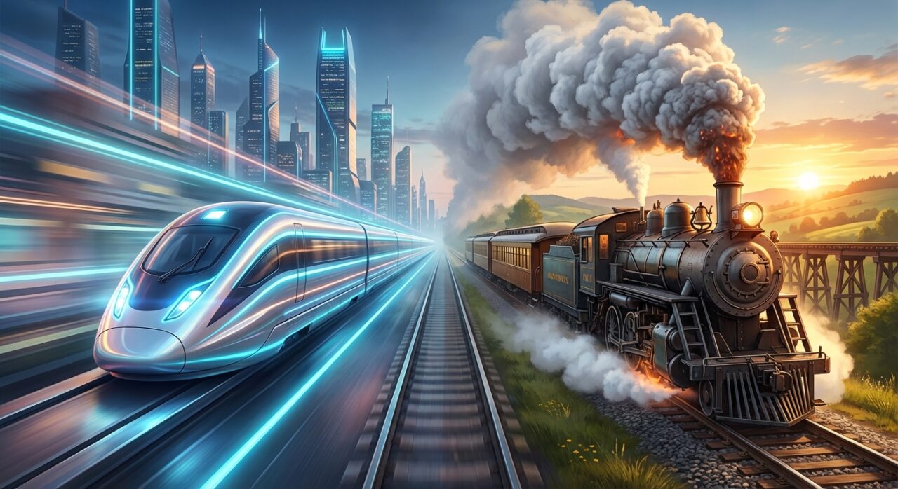 スピード感のある近未来的な特急列車と、ゆっくり走るレトロな蒸気機関車の対比イラスト。