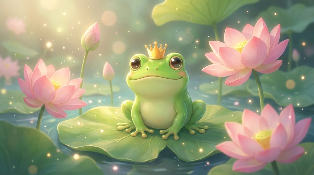 蓮の葉の上に座る、小さな王冠をかぶった可愛らしいカエルのイラスト。ピンク色の花が周囲に咲いており、ロマンチックな雰囲気。