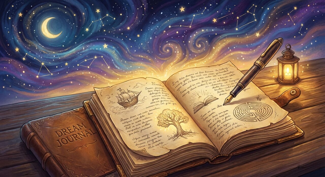 ペンとノート、そして星空のイラスト。夢日記をつける様子を想起させるビジュアル。