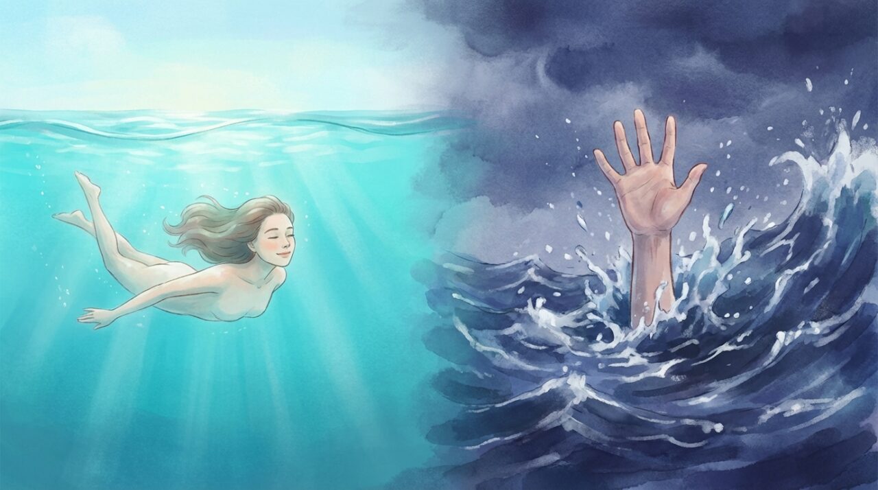 広い海で気持ちよさそうに泳いでいる女性と、必死に手を伸ばして溺れかけている描写のイラスト。