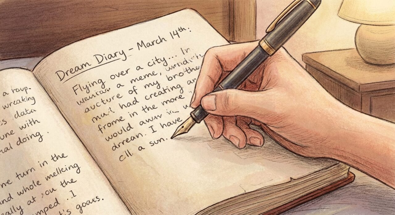 ペンとノートで夢日記をつける手のクローズアップ