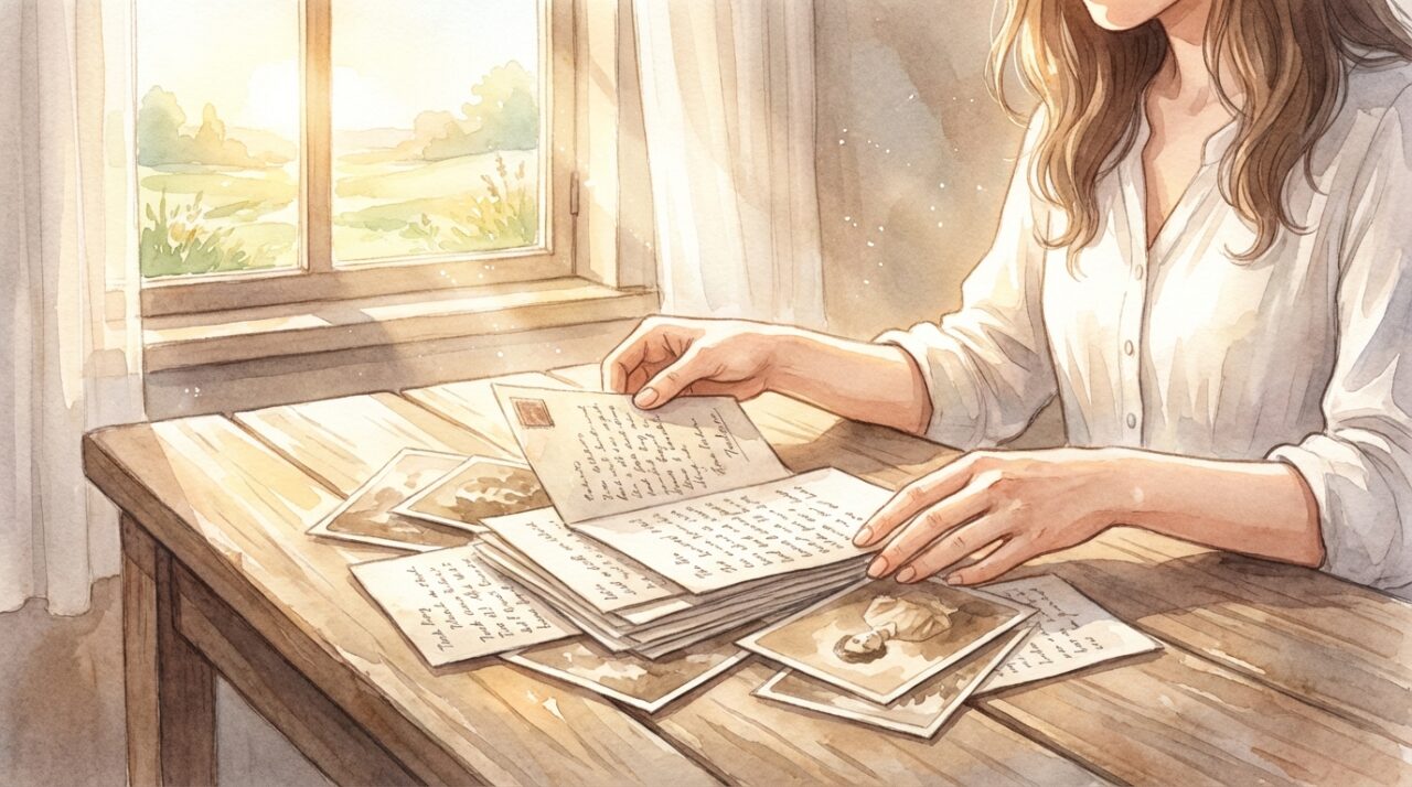 古い手紙や写真を整理している女性の手元。窓の外には新しい朝の光が差し込んでいる。過去との決別と新しい始まり。
