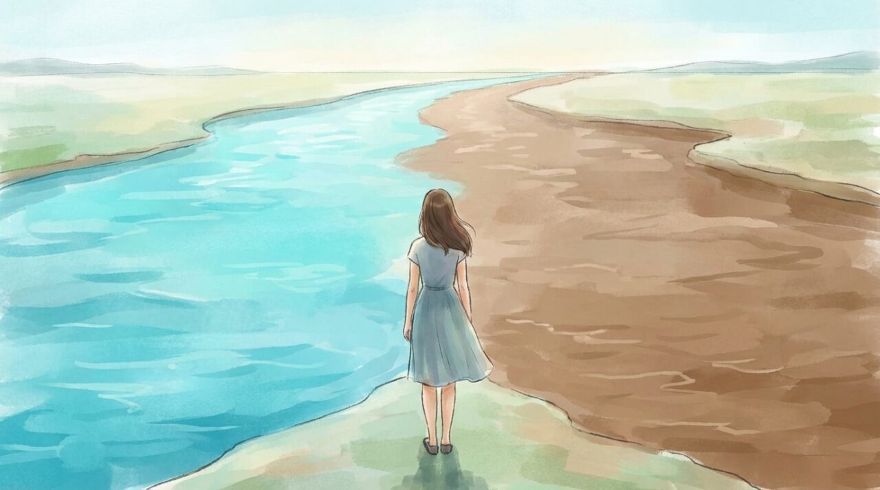 2つの対照的な川の合流点。片方は透き通った青い水、もう片方は茶色く濁った水。その境界線に立つ女性が、どちらに進むか思案している後ろ姿