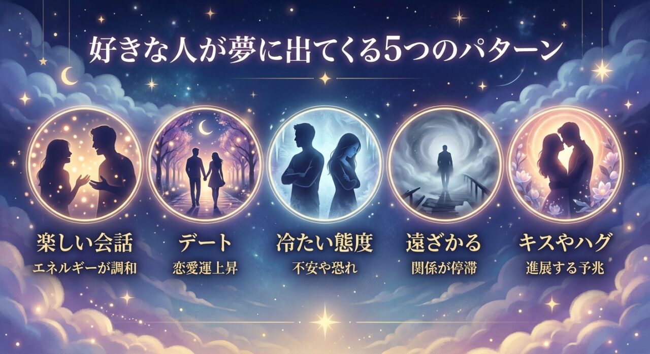 好きな人が夢に出てくる5つのパターン|楽しい会話・デート・冷たい態度・遠ざかる・キスやハグの意味を図解