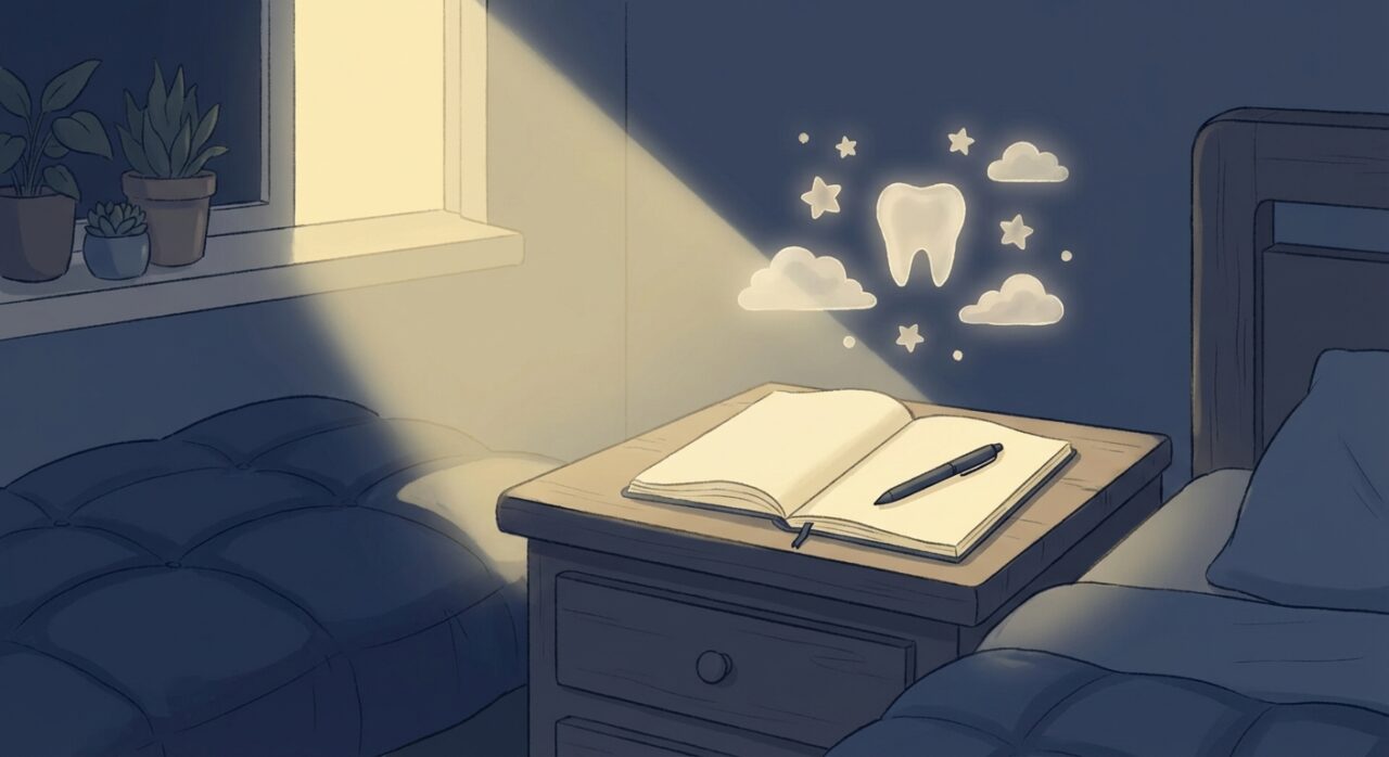 枕元のノートと月明かり、夢を記録するイメージ