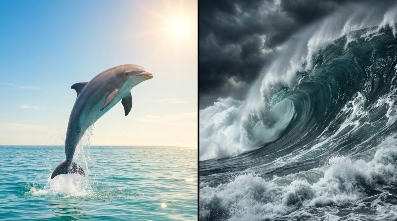 左側に海面からジャンプするイルカ、右側に迫力のある大波（津波）のイメージ画像。