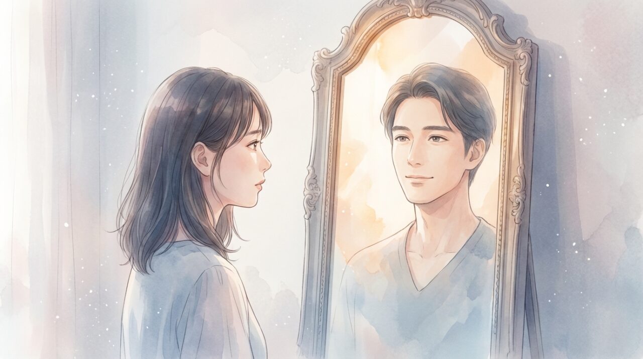 鏡を覗き込む女性。鏡の中には女性自身の顔ではなく、穏やかな表情の男性が映っている。深層心理の投影を表現。