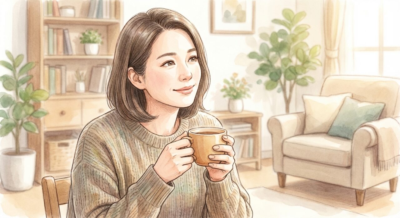 落ち着いた雰囲気で話を聞く女性のイラスト