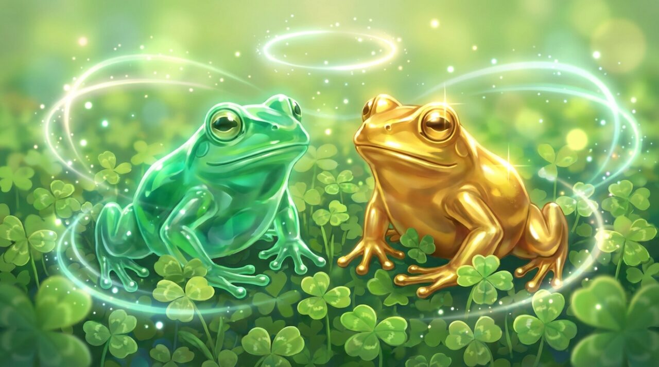 鮮やかなエメラルドグリーンのカエルと、神々しい金色のカエルが並んでいるイラスト。周囲にはクローバーや光の輪が描かれている。
