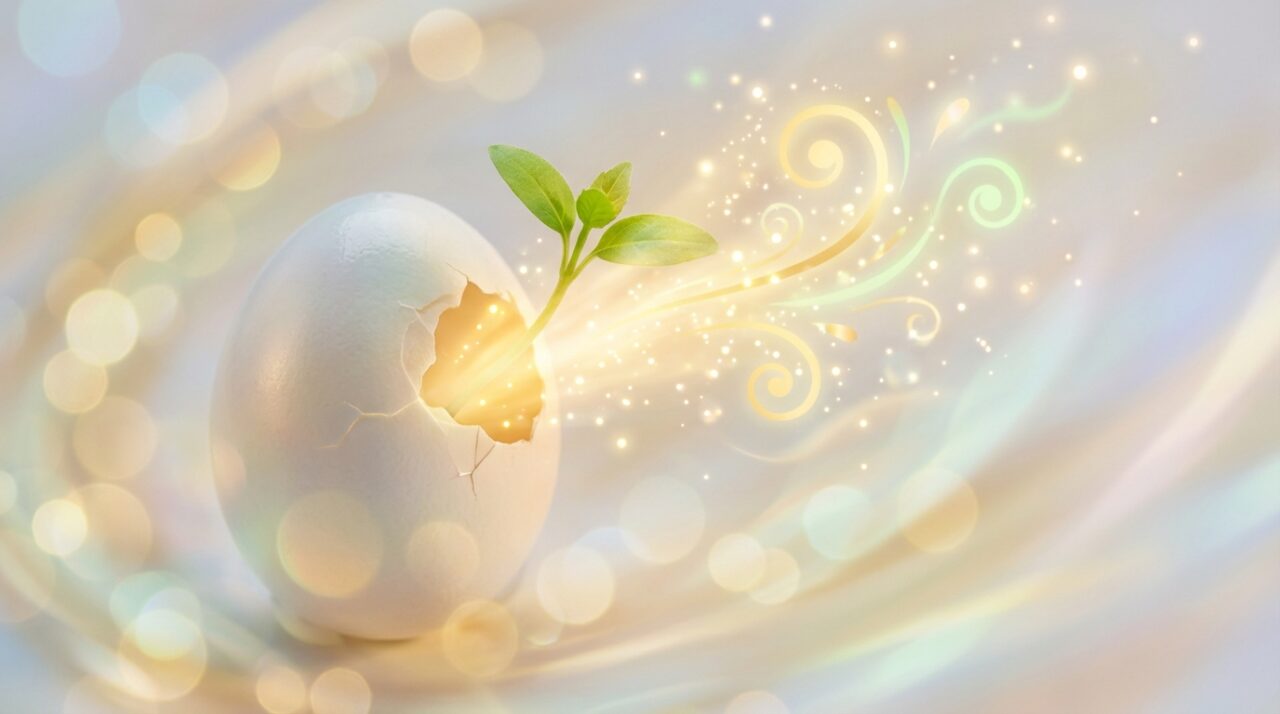 卵から小さな芽が出ている、または金色の光がこぼれている、新しい可能性・成長をイメージさせるイラスト