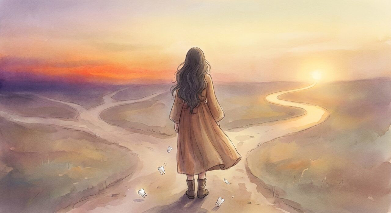 人生の転換期を象徴する交差点に立つ女性のイラスト