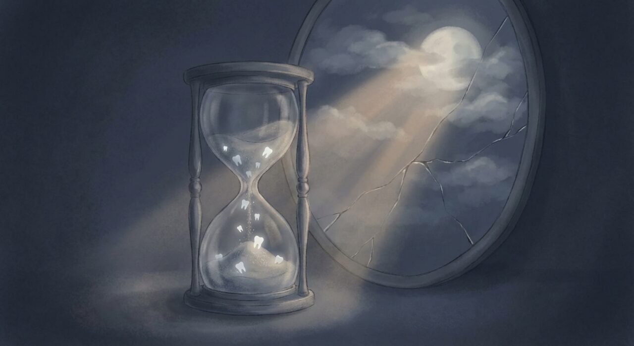 砂時計と歯のシルエット、凶夢の注意喚起イメージ