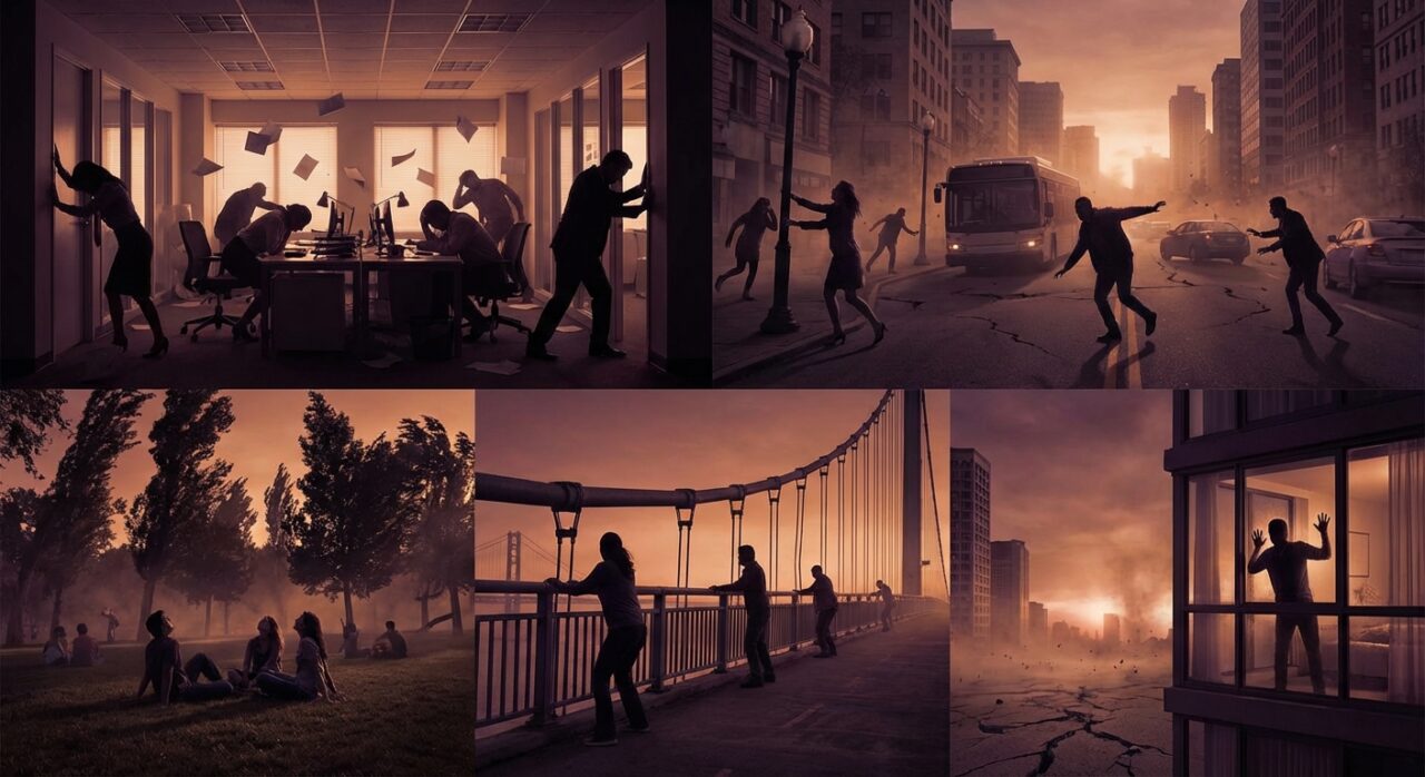 様々な場所で揺れを感じる人々のイラスト