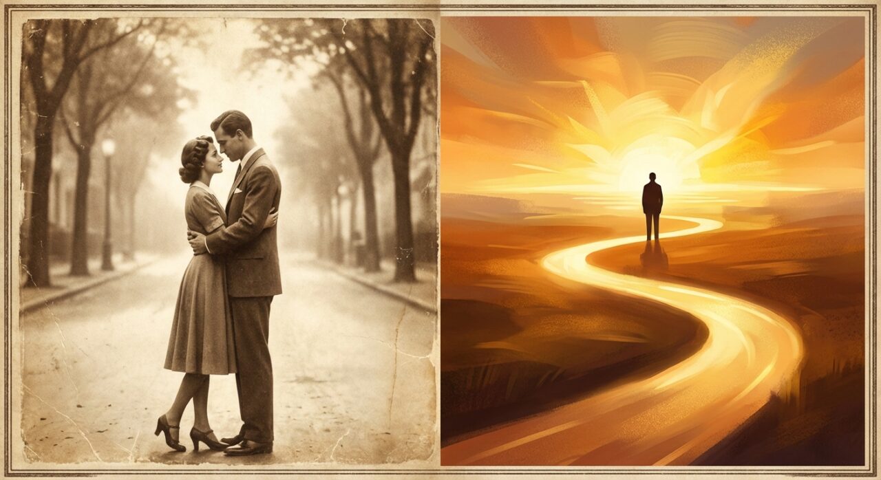 過去の愛着と未来への可能性の対比イラスト