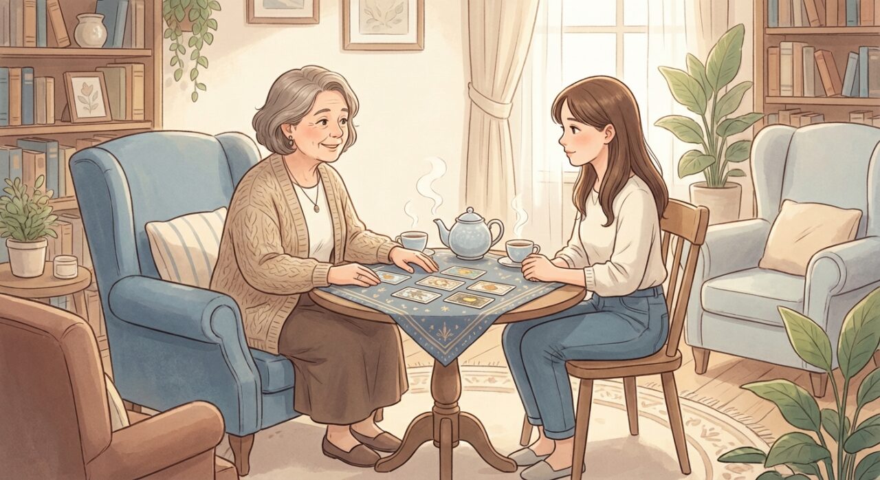 信頼感のある占い師と相談者のイラスト