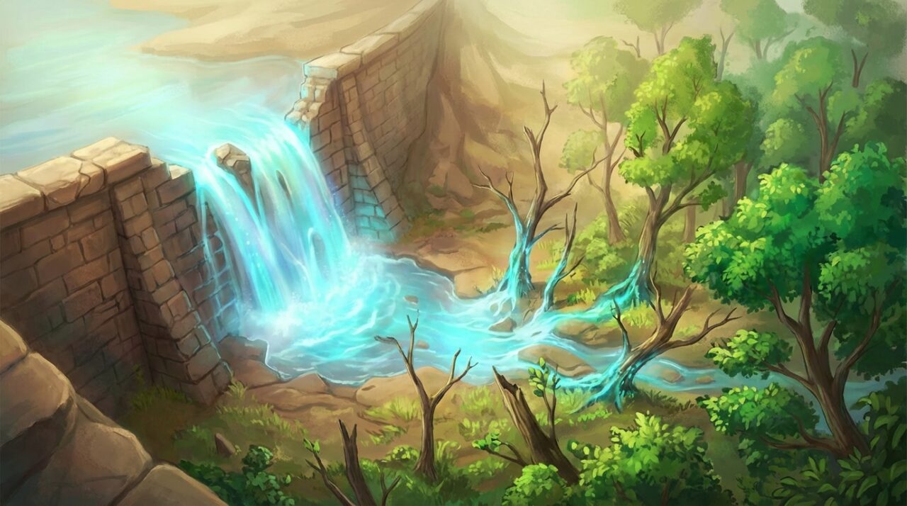 古い石造りのダムが決壊し、水が溢れ出す様子。しかし、その水は破壊的ではなく、光を帯びており、周囲の枯れ木を緑に変えていくようなポジティブなイメージ。
