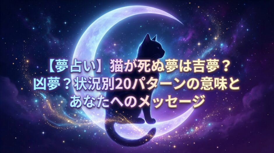夜空に浮かぶ三日月を背景に、神秘的な猫のシルエットとタイトル文字「【夢占い】猫が死ぬ夢は吉夢？凶夢？状況別20パターンの意味とあなたへのメッセージ」
