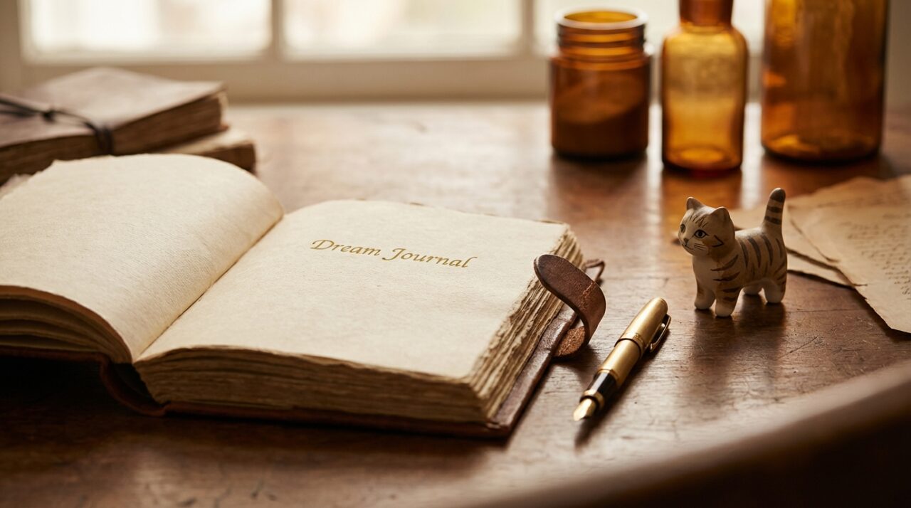 夢日記をつけることを象徴するノートと猫のイメージ