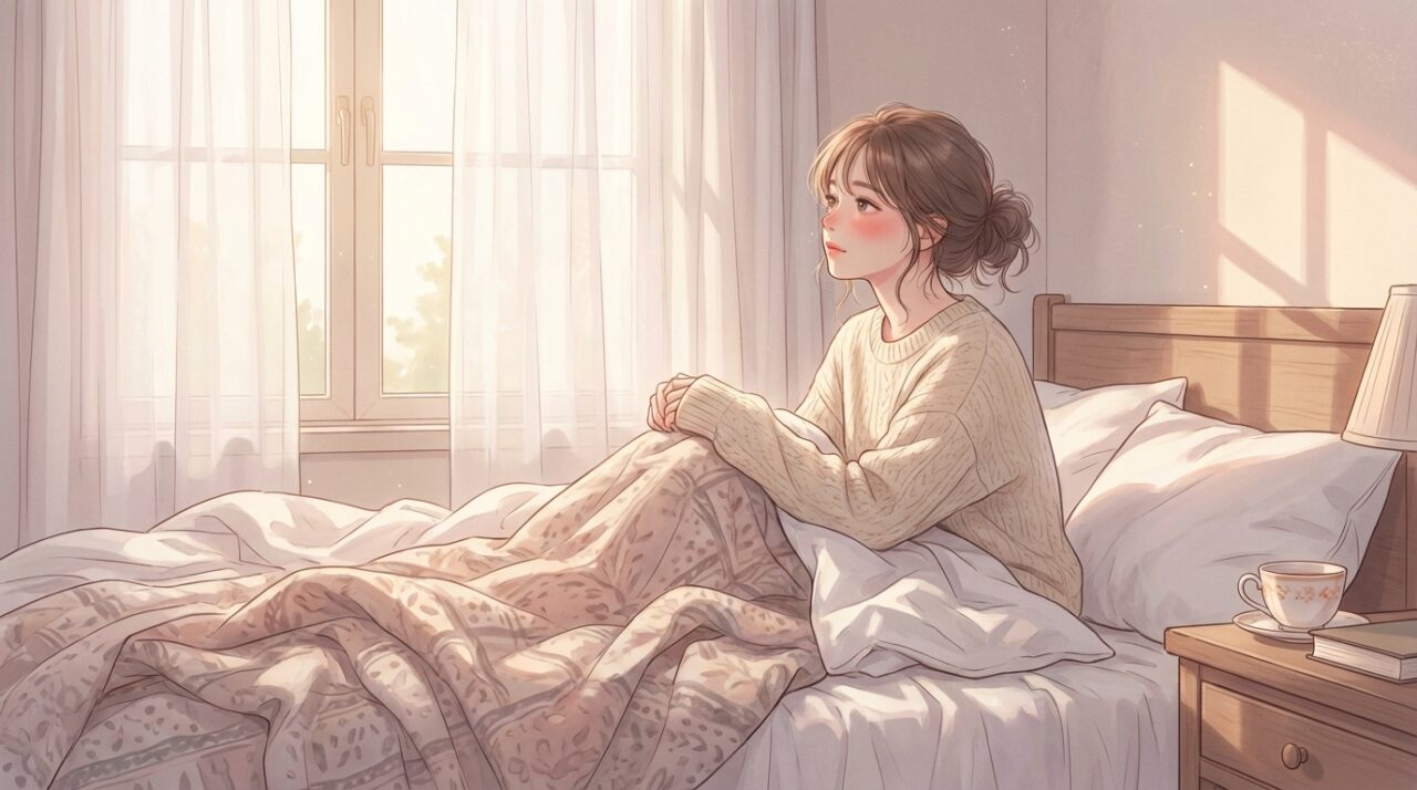 朝、ベッドで目覚めて少し恥ずかしそうにしている女性のイラスト
