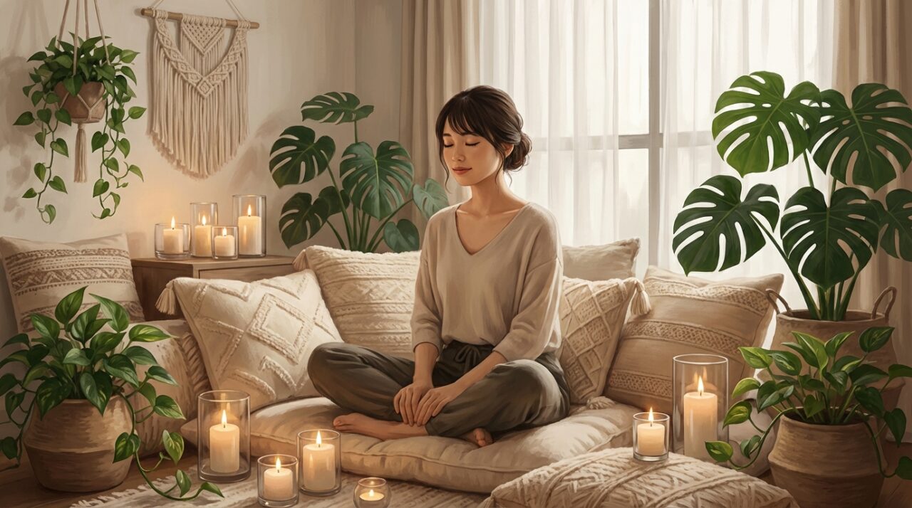 アロマキャンドルに囲まれてリラックスしている女性のイラスト