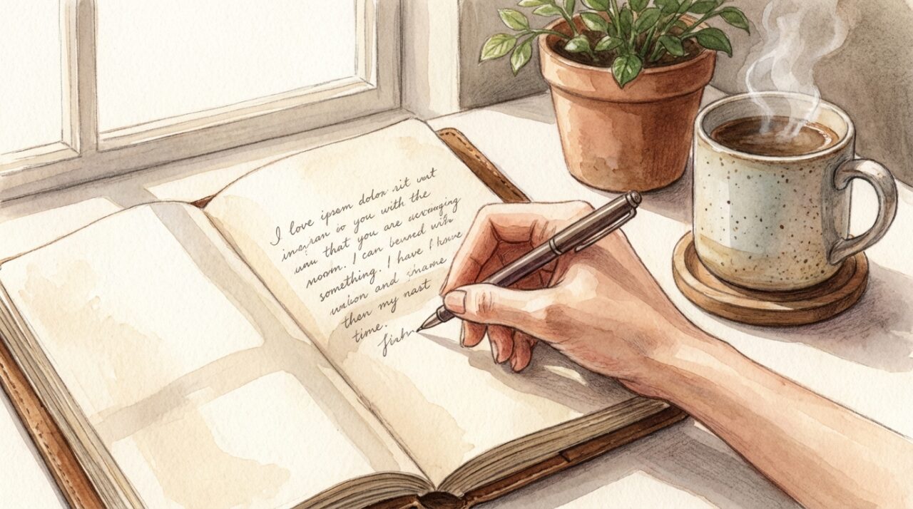 ノートに夢の内容を書き留める手元のアップ、ペンと夢日記