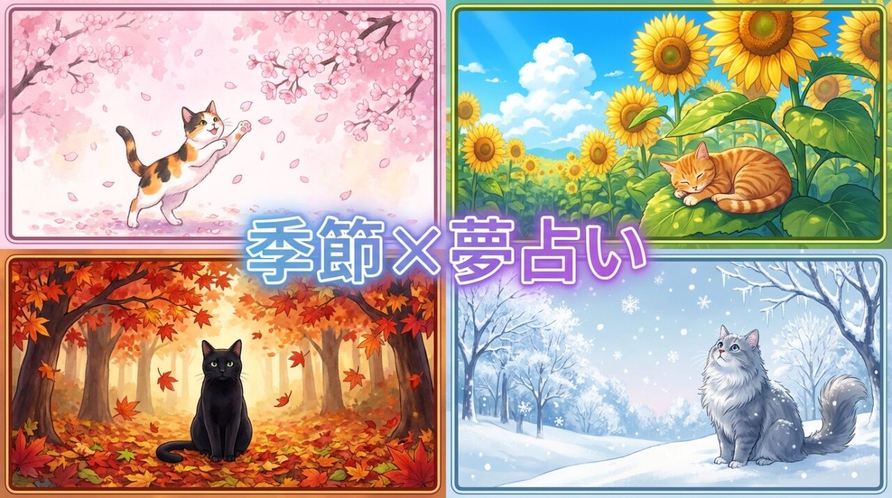 春夏秋冬の季節と猫を組み合わせたイラスト｜季節別夢占いのイメージ