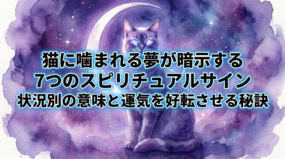 アイキャッチ画像とタイトル　猫に噛まれる夢が暗示する7つのスピリチュアルサイン｜状況別の意味と運気を好転させる秘訣