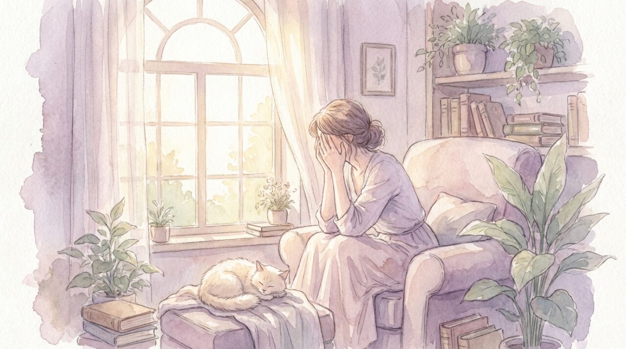 窓辺で物思いにふける女性と、そばに寄り添う猫のイラスト。心の内面を見つめる様子を表現