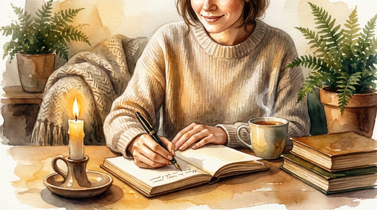 キャンドルの灯りの下で日記を書く女性のイラスト。感情を解放し、自分自身と向き合うセルフケアの時間を表現