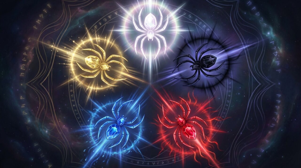 夢占いにおける蜘蛛の色別の意味。白・黒・赤・青・金色それぞれが持つスピリチュアルなメッセージを図解