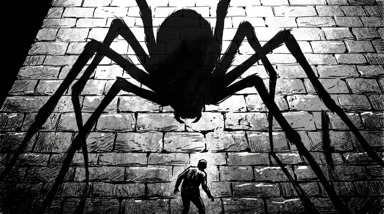 夢占いで心理的プレッシャーを象徴する巨大な蜘蛛のシルエットイメージ
