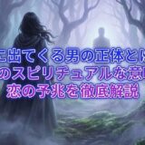 霧のかかった神秘的な森の中で、ぼんやりと光る男性のシルエットを見つめる女性の後ろ姿。幻想的で少しミステリアスな雰囲気。