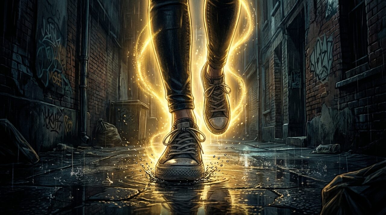 暗い路地を走る女性の足元と、それを守るように輝く光のオーラ。恐怖の中に希望があるイメージ。