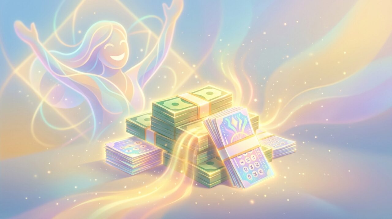 札束と宝くじの券が光り輝いているイラスト。笑顔の人物