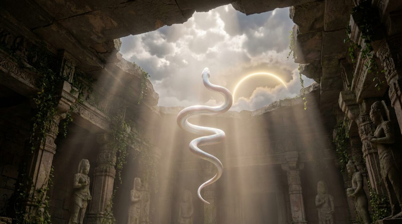 神殿のような場所で、柔らかな光に包まれながら天空へと昇っていく白いヘビ。