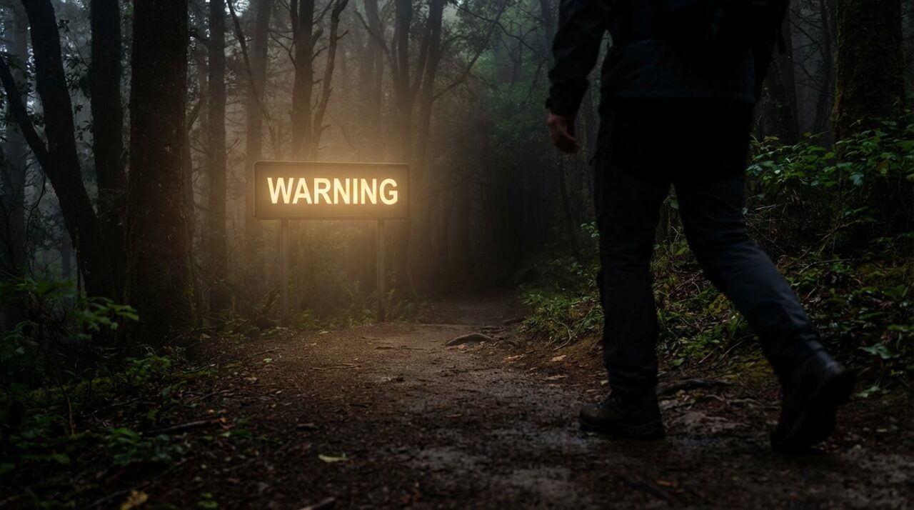 暗い森の中の小道に設置された、かすかに光る黄色の「警告」サイン。