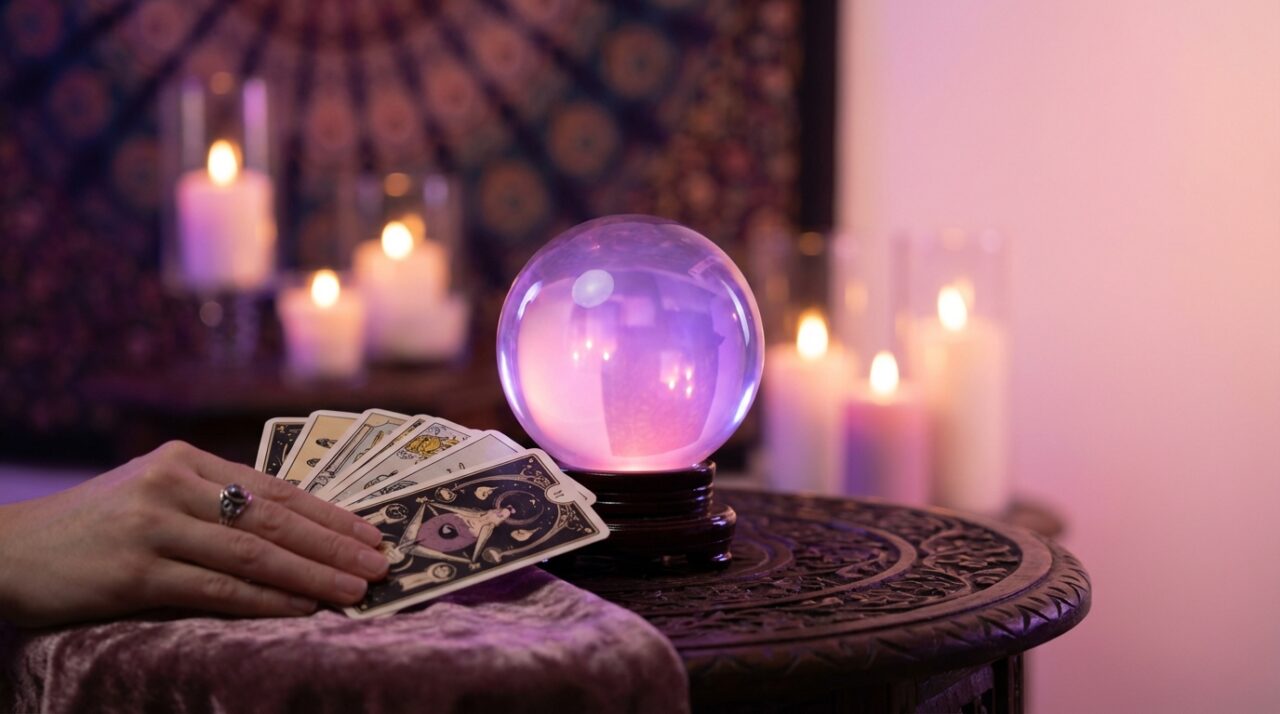 占いのイメージ。アンティーク調の木製テーブルに置かれた半透明の水晶玉。手前には数枚のタロットカードが扇状に広げられている。