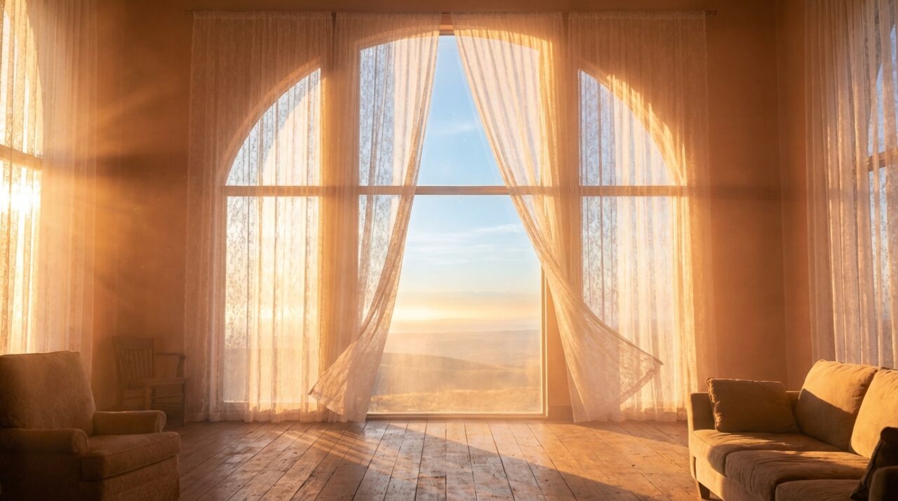 大きな窓から差し込む清々しい朝日。窓の外には青空と希望に満ちた地平線。白いレースのカーテンが風に優しく揺れている。