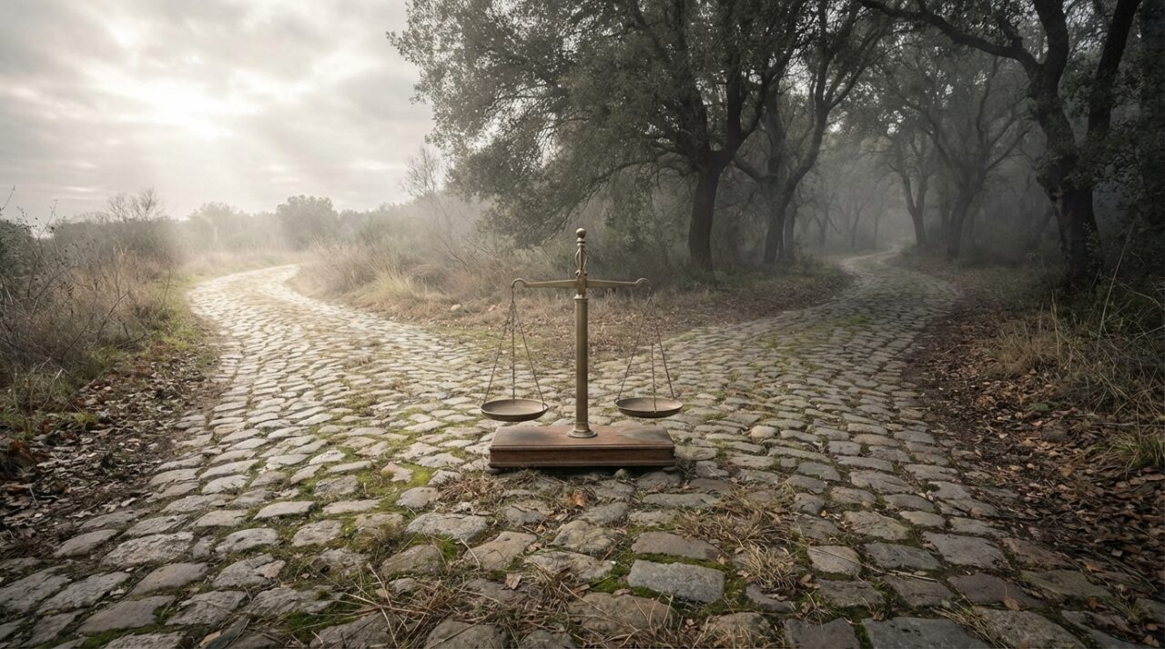 二股に分かれた古い石畳の道。分岐点にはバランスを保った天秤が置かれ、選択や判断を象徴。