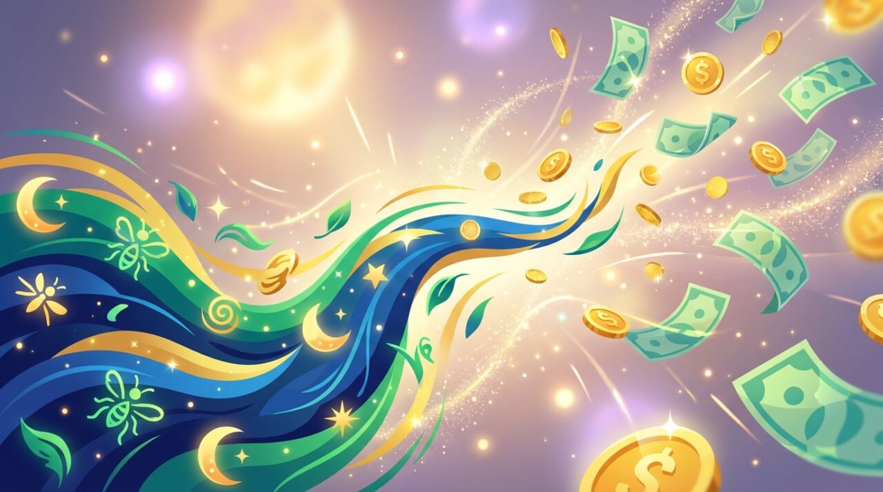 大量のゴキブリシルエットが金貨や紙幣と一緒に舞っている、豊かさを表現するイラスト