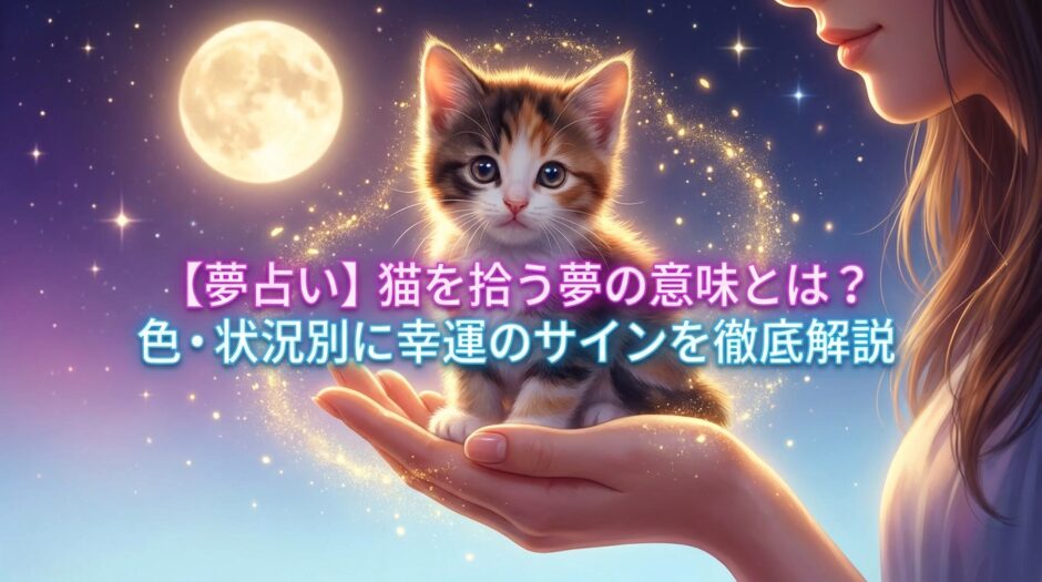 アイキャッチ画像とタイトル　幻想的な夜空を背景に、優しく子猫を抱きかかえる女性　【夢占い】猫を拾う夢の意味とは？色・状況別に幸運のサインを徹底解説