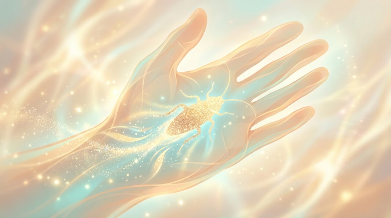 人の手のひらからゴキブリのシルエットがすり抜けていく、チャンスを逃す様子を抽象的に描いたイラスト